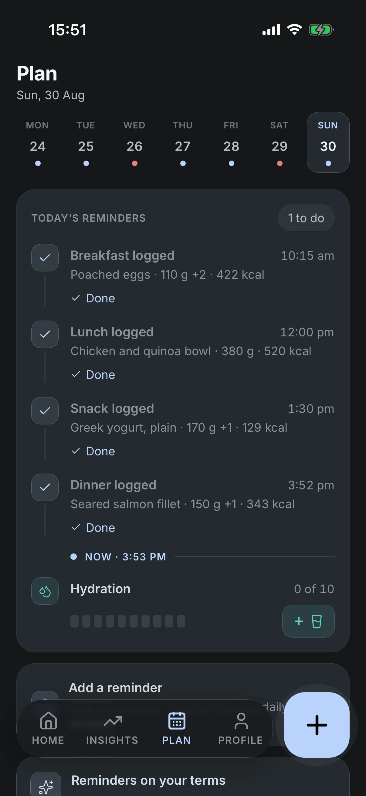 Vyra Plan: today&rsquo;s reminders on a timeline — breakfast, lunch, a snack and dinner each logged and marked done, with a NOW marker beneath them — then hydration at 0 of 10 glasses, and a card offering to add a reminder.